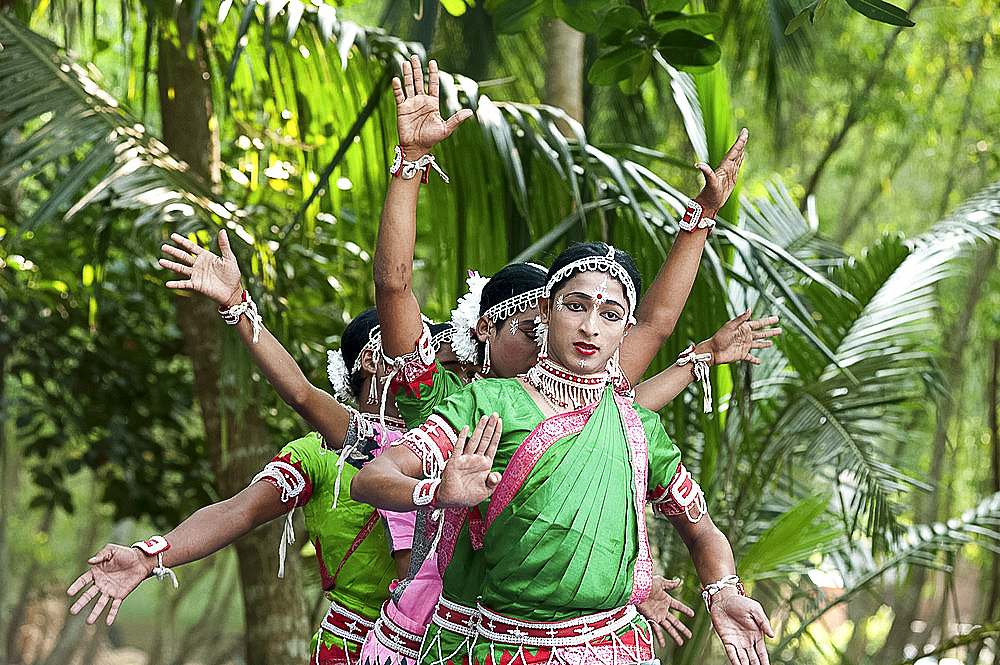 Young boys performing Gotipua dance, the traditional folk dance of Odisha inspired by Hindu gods, Lords Jagannath and Krishna, Odisha, India, Asia