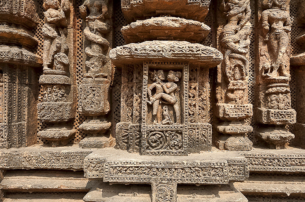 Erotic stone carved work on Konark Sun Temple (Black Pagoda), 13th century Hindu temple built as a massive chariot for the sun god Surya, UNESCO World Heritage Site, Konarak, Odisha, India, Asia