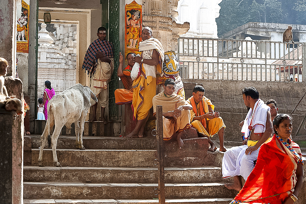 Hindu pilgrims in saffron and white robes, at the gate into Kapilash Temple (Chandrashekhar Temple), Dhenkanal District, Odisha, India, Asia