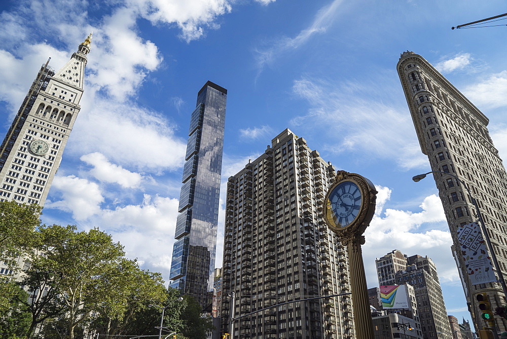 Flat Iron Building and Fifth Avenue Building Clock, Flat Iron District, Manhattan, New York City, New York, United States of America, North America