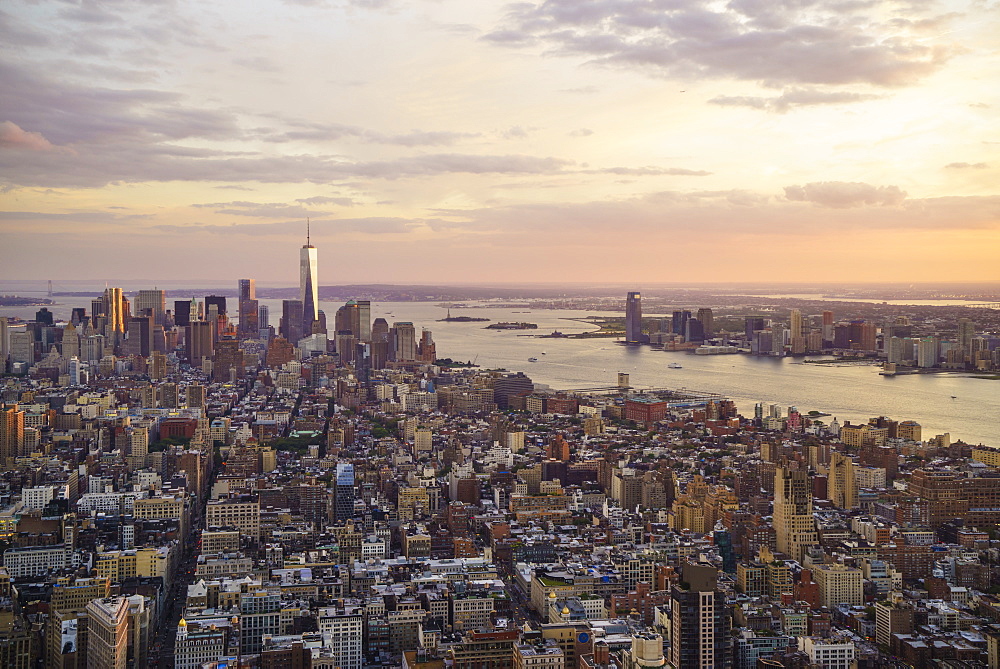 Skyline looking south towards Lower Manhattan at sunset, One World Trade Center in view, Manhattan, New York City, New York, United States of America, North America