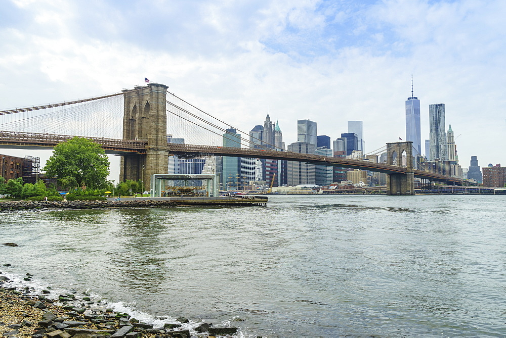 Brooklyn Bridge and Lower Manhattan skyscrapers including One World Trade Center, New York City, New York, United States of America, North America