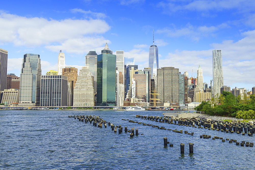 Lower Manhattan skyscrapers including One World Trade Center from across the East River, Financial District, Manhattan, New York City, United States of America, North America