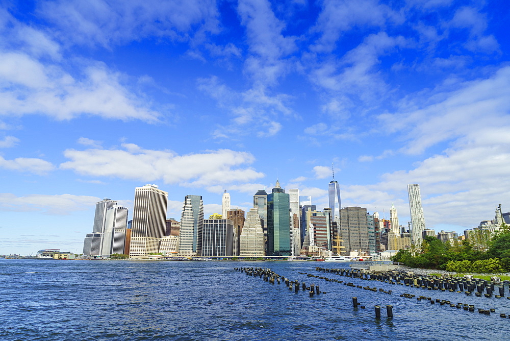 Lower Manhattan skyscrapers including One World Trade Center from across the East River, Financial District, Manhattan, New York City, United States of America, North America