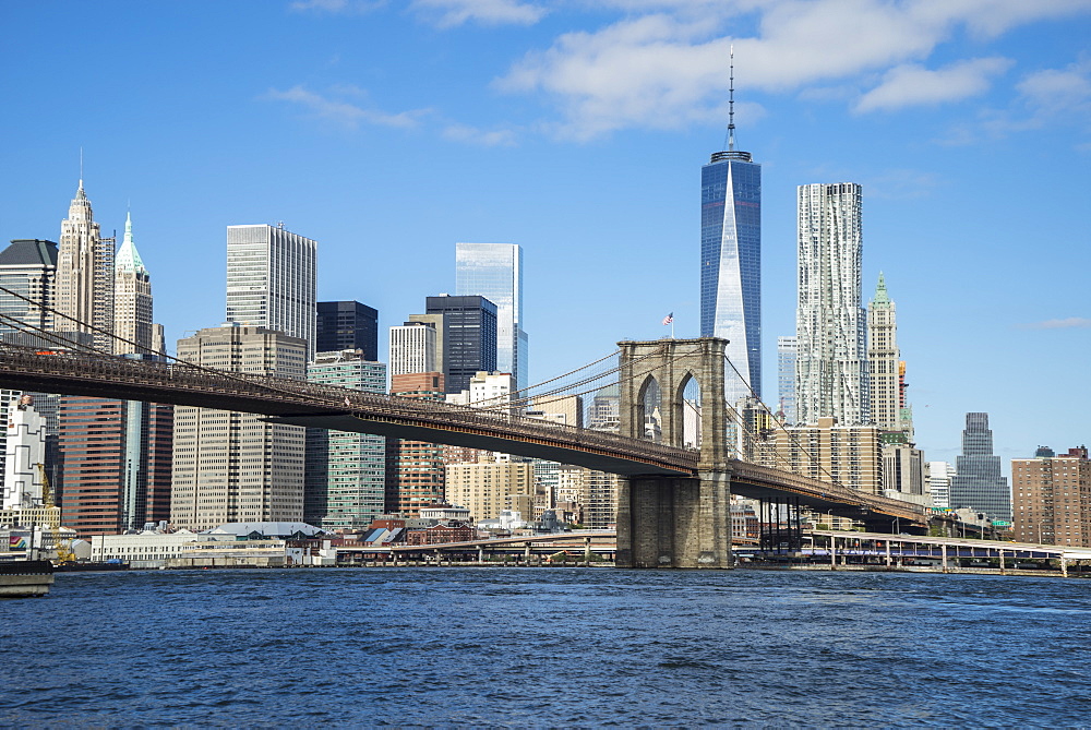 Brooklyn Bridge and Lower Manhattan skyscrapers including One World Trade Center, New York City, New York, United States of America, North America