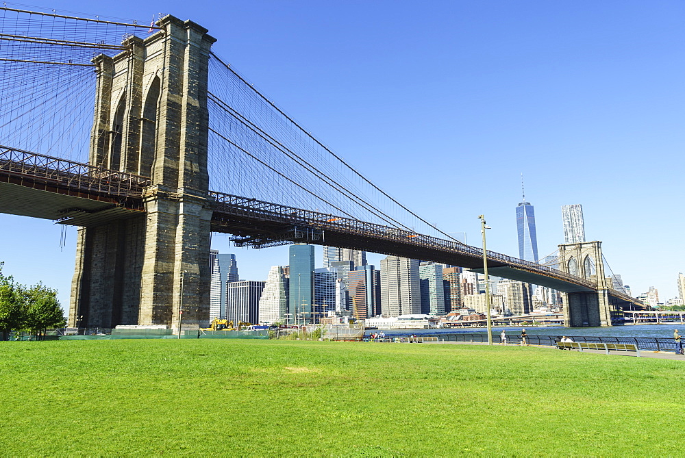 Brooklyn Bridge and Lower Manhattan skyscrapers including One World Trade Center, New York City, New York, United States of America, North America