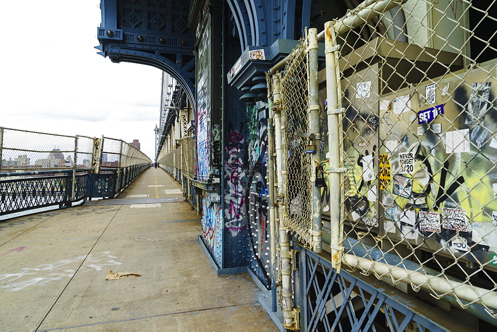 Pedestrian walkway and graffiti, Manhattan Bridge, New York City, New York, United States of America, North America