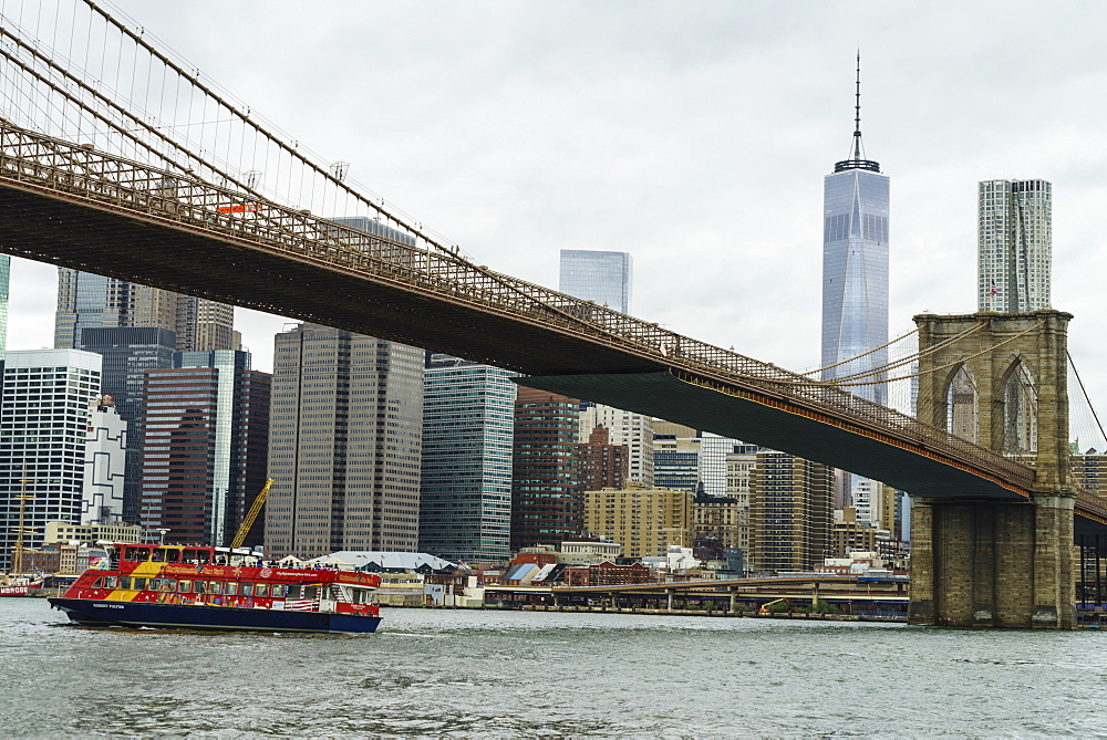 Brooklyn Bridge and Lower Manhattan skyline at sunset, New York City, New York, United States of America, North America