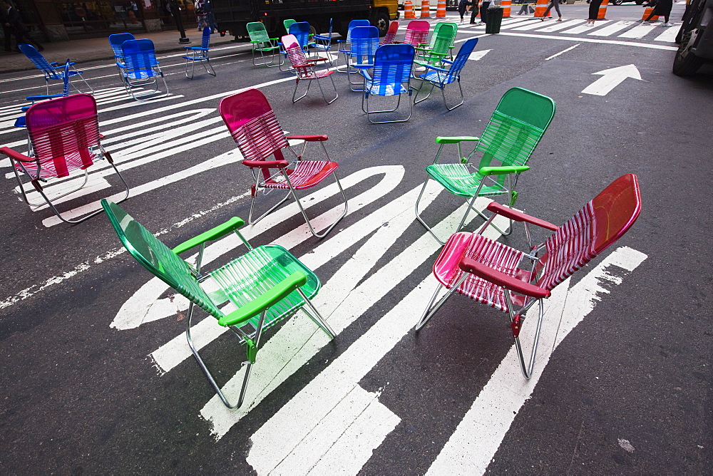 Garden chairs for pedestrians in Times Square, Midtown, Manhattan, New York City, New York, United States of America, North America