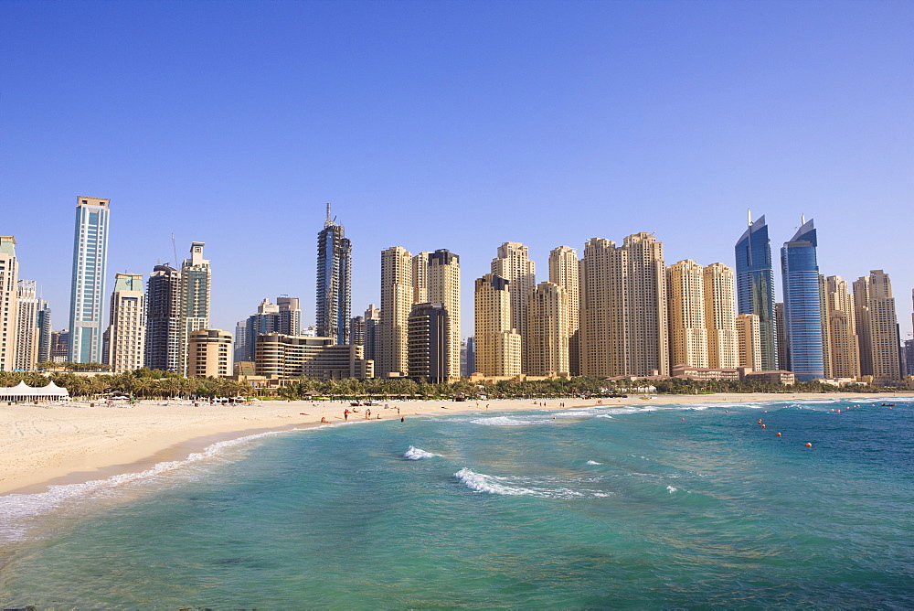 Hotel and apartment buildings along the seafront, Dubai Marina, Dubai, United Arab Emirates, Middle East