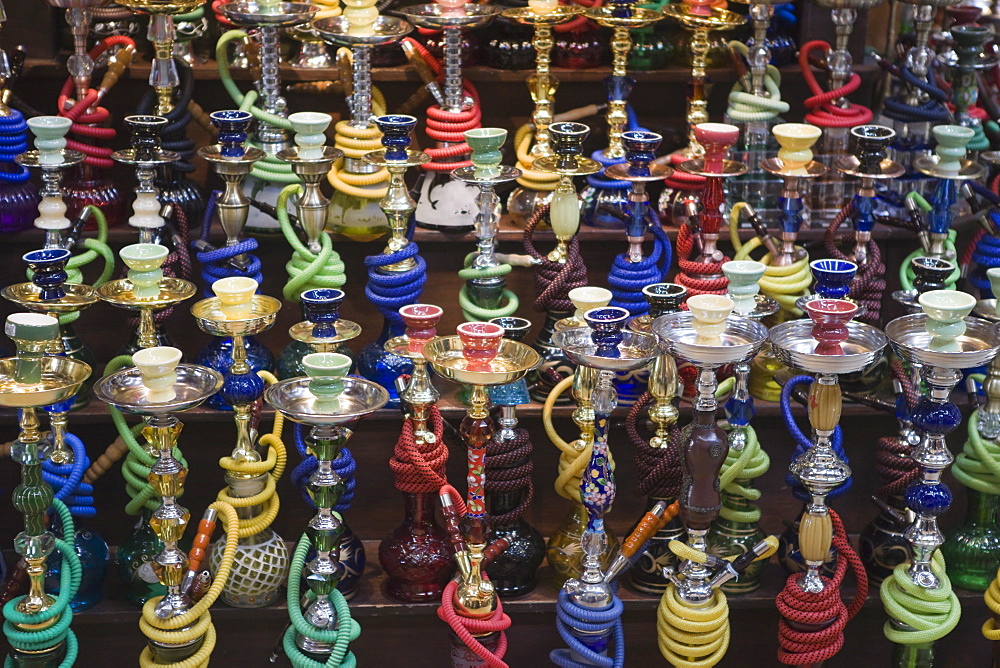 Hookah or hubble bubble pipes for sale in a souk, Dubai, United Arab Emirates, Middle East