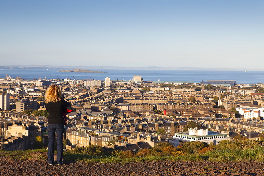 View towards Leith and the Firth of Forth from Calton Hill, Edinburgh, Lothian, Scotland, United Kingdom, Europe