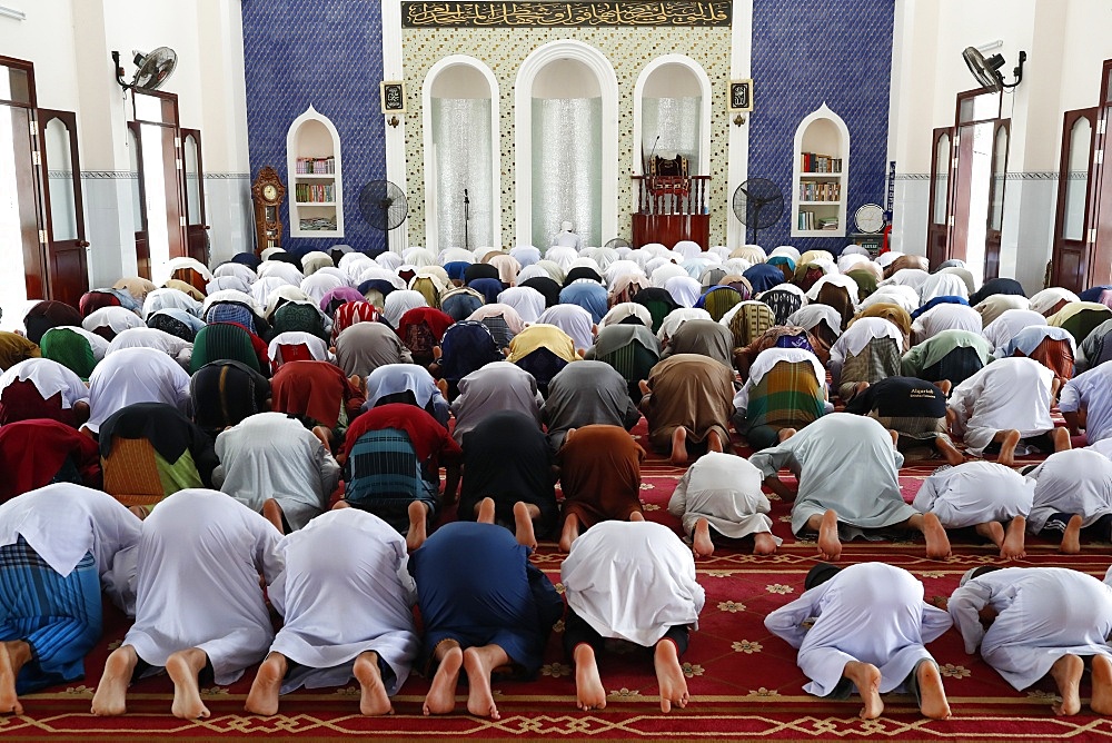 Masjid Ar-Rohmah Mosque, men at the Friday prayer (salat), Chau Doc, Vietnam, Indochina, Southeast Asia, Asia