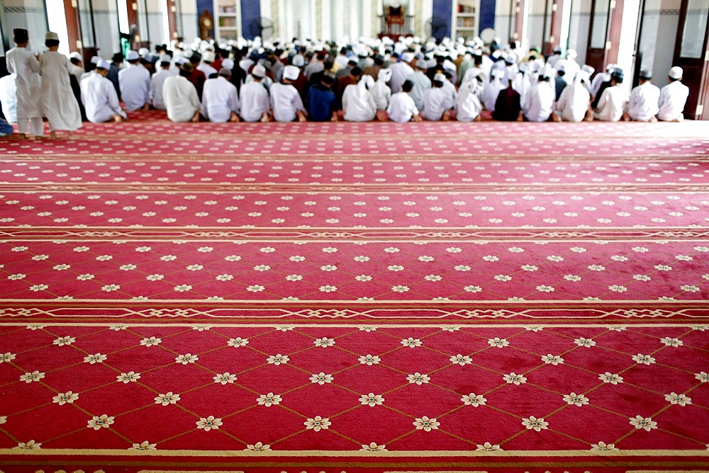 Masjid Ar-Rohmah Mosque, men at the Friday prayer (salat), Chau Doc, Vietnam, Indochina, Southeast Asia, Asia