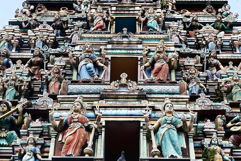 Hindu gods adorn the five storey Raja Gopuram, Sri Mahamariamman Hindu Temple, Kuala Lumpur. Malaysia, Southeast Asia, Asia