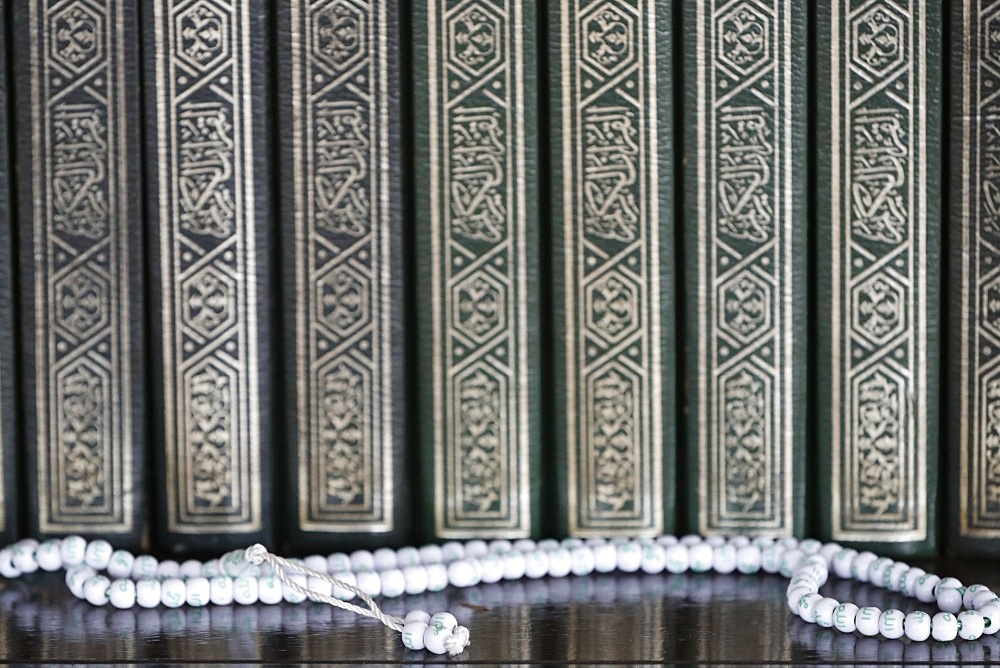 Holy books of Quran and Islamic prayer beads (misbaha), Putra Mosque (Masjid Putra), Putrajaya, Malaysia, Southeast Asia, Asia