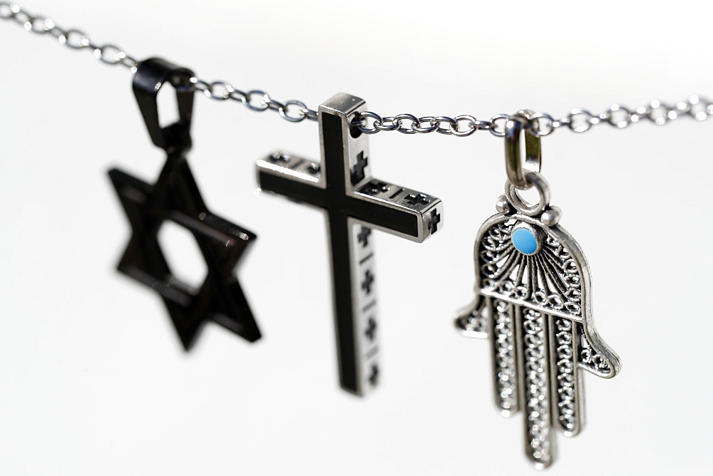 Religious symbols of Christianity, Islam and Judaism, the three monotheistic religions, Interfaith dialogue, France, Europe