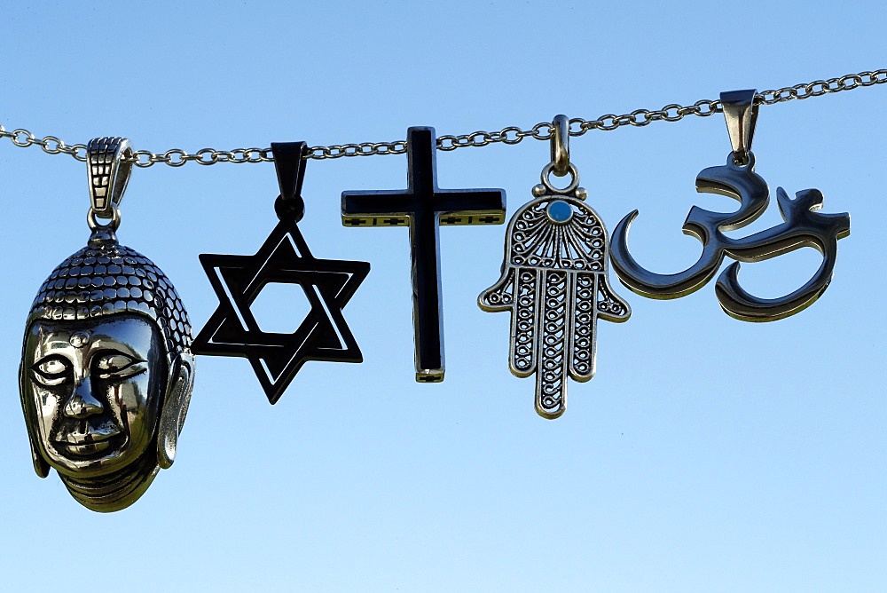 Religious symbols of Christianity, Islam, Judaism, Buddhism and Hinduism, Interfaith dialogue, France, Europe