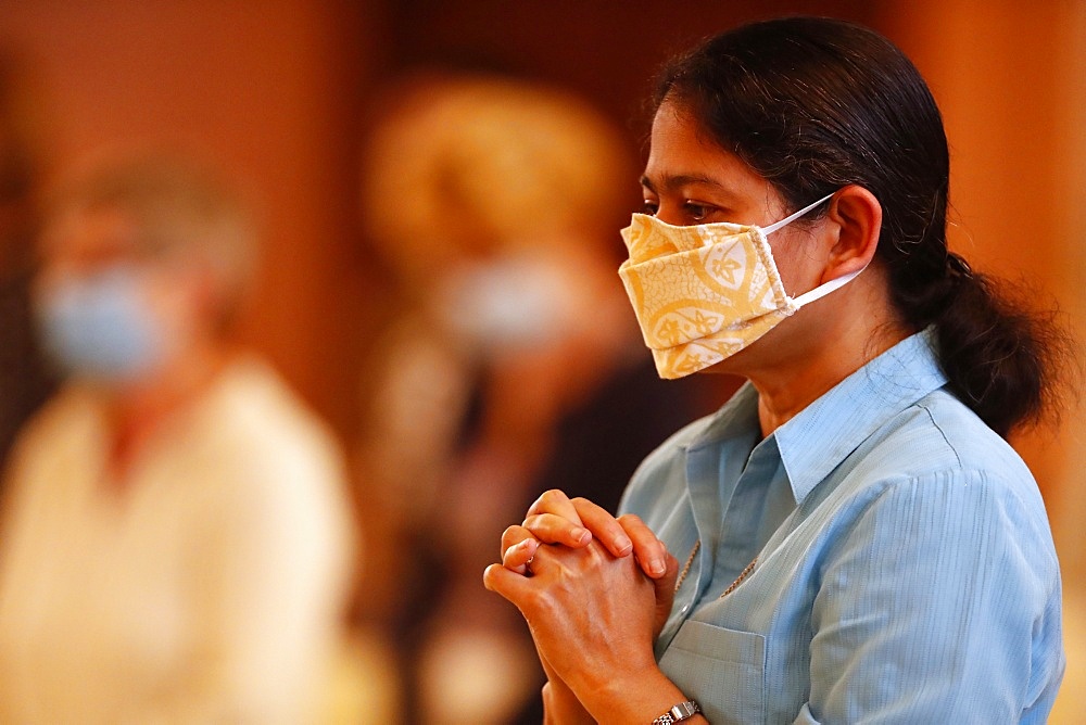 Coronavirus epidemic (Covid-19), Pentecost Mass after lockdown, distance measurement, Saint Joseph des Fins Basilica, Annecy, Haute Savoie, France, Europe