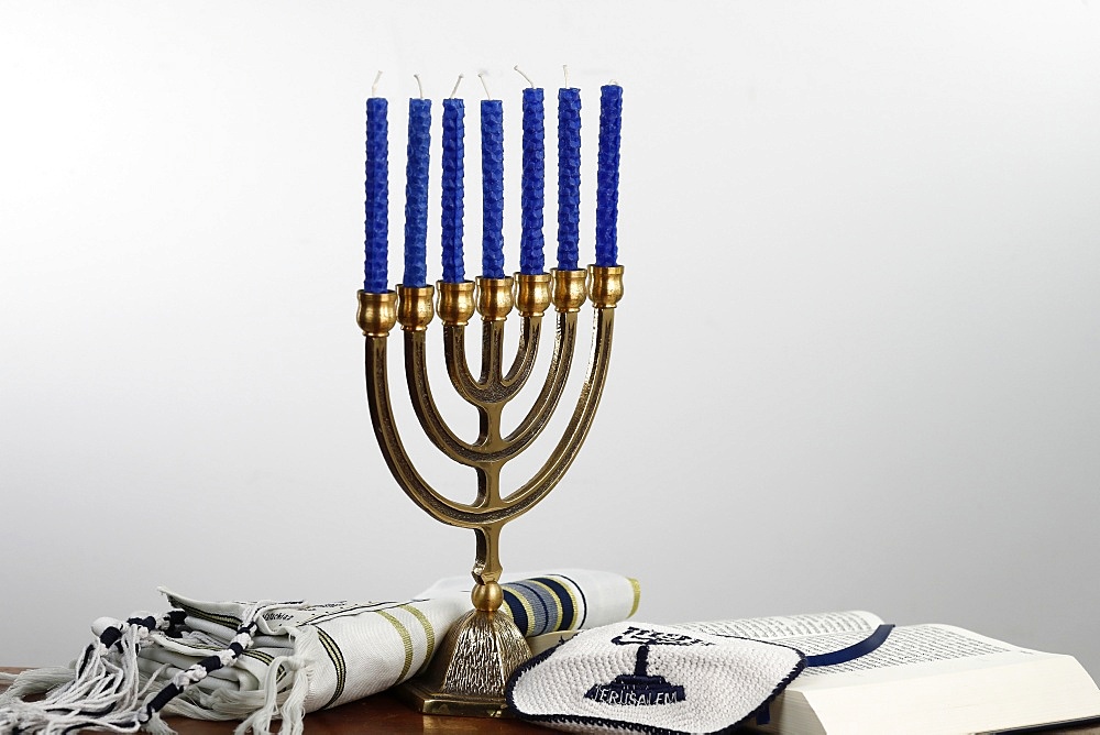 Menorah, tallit, kippah and Torah, Jewish symbols, France, Europe