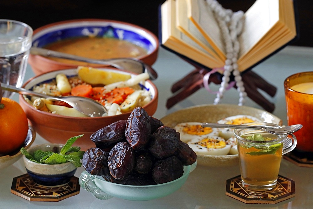 Traditional meal for iftar in time of Ramadan after the fast has been broken, France, Europe