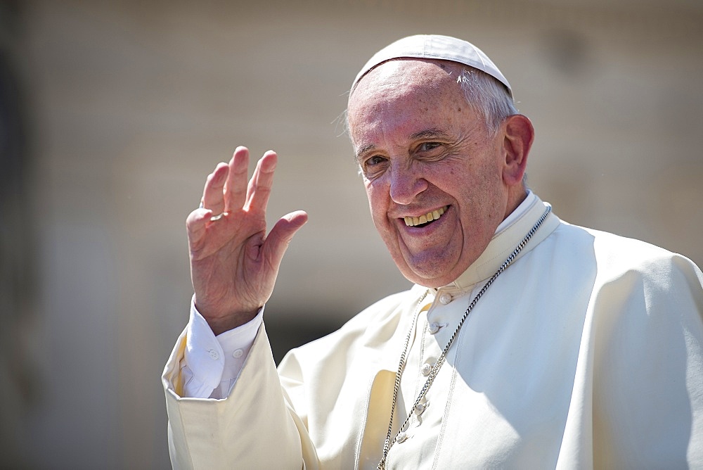 Pope Francis waving in Saint Peter's square at the Vatican, Rome, Lazio, Italy, Europe