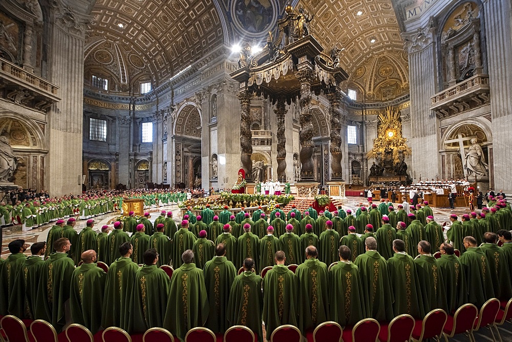 Pope Francis celebrates the closing Mass of the Synod on Amazonia in Saint Peter's Basilica, Vatican, Rome, Lazio, Italy, Europe