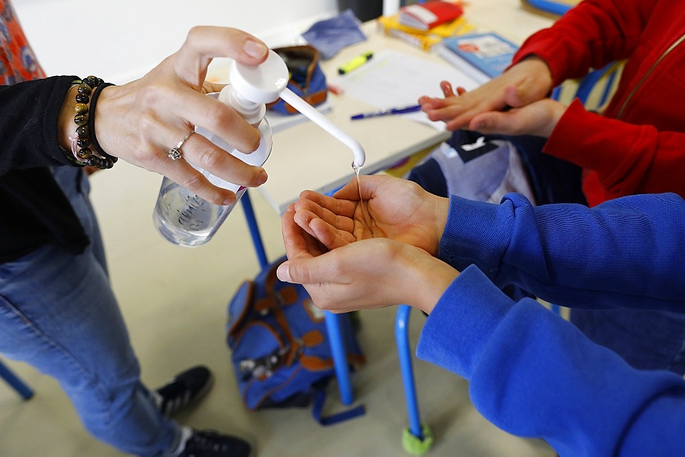 Hand sanitizer in Primary school in Montrouge after lockdown, France, Europe