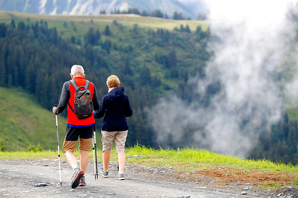 Mountain hikers in summer in the French Alps, Haute-Savoie, France, Europe