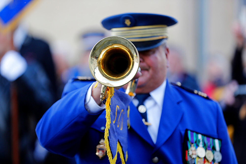 French commemoration of the Armistice Day November 11 1918, end of the First World War, the Renaissance of St. Gervais Marching band, Haute-Savoie, France, Europe