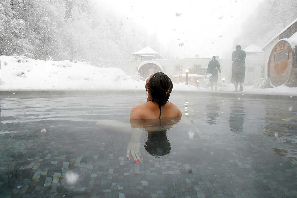 Saint-Gervais Mont-Blanc thermal spa, woman enjoying spa and wellness treatment in winter, Haute Savoie, France, Europe