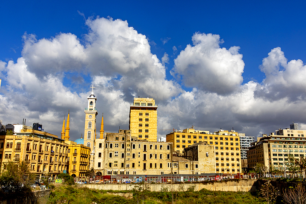 Saint George Maronite Cathedral spire and neighboring buildings, Beirut, Lebanon, Middle East