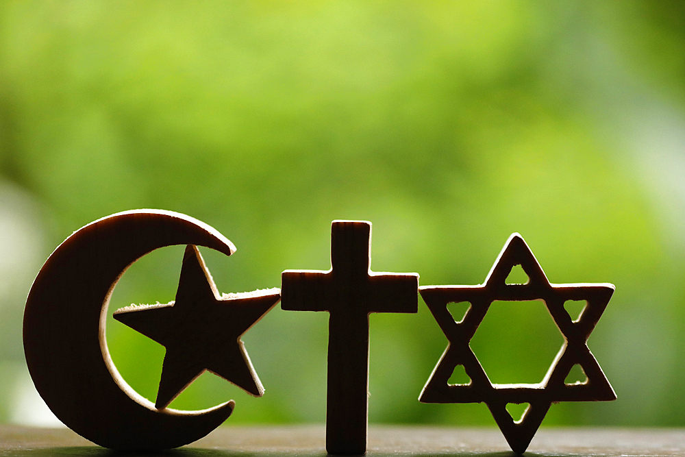 Religious symbols of Jewish Star of David, Muslim Star and Crescent, Christian Cross, interreligious and interfaith dialogue, Vietnam, Indochina, Southeast Asia, Asia