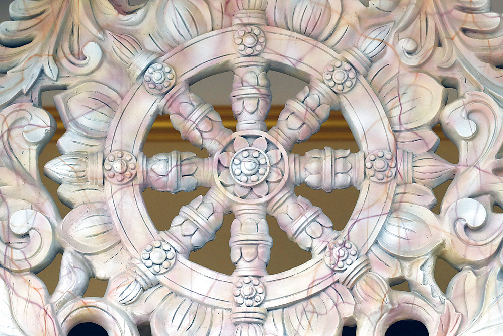 Dharma Wheel (Dharmachakra), the Buddhist eight-fold path illustrated in a wheel, Ba Vang Buddhist Temple, Uong Bi, Vietnam, Indochina, Southeast Asia, Asia