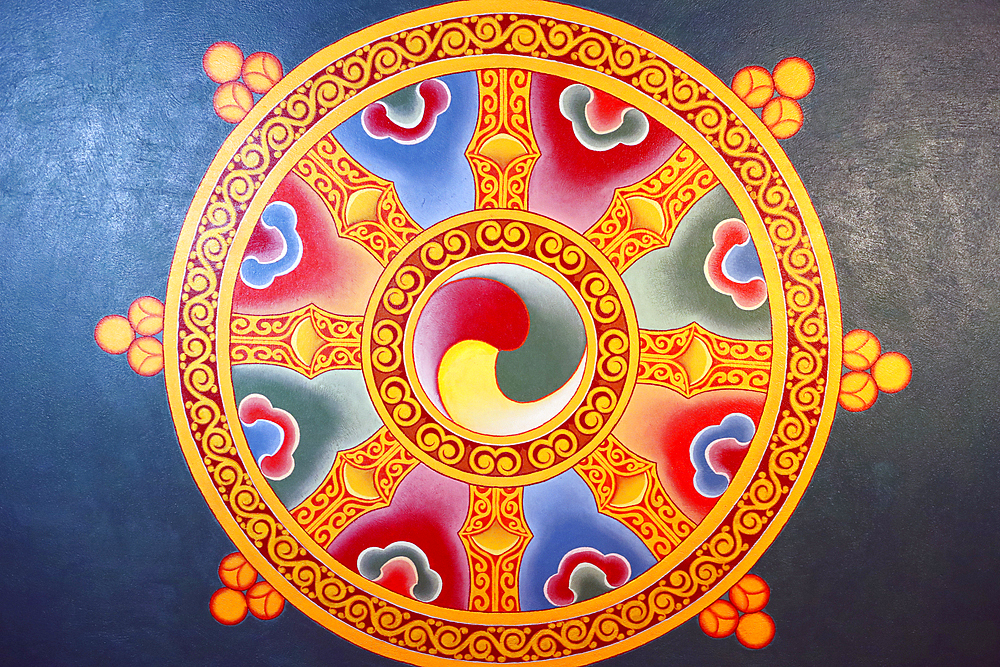 Dharma Wheel (Dharmachakra), the Buddhist eight-fold path illustrated in a wheel, Ba Vang Buddhist Temple, Uong Bi, Vietnam, Indochina, Southeast Asia, Asia