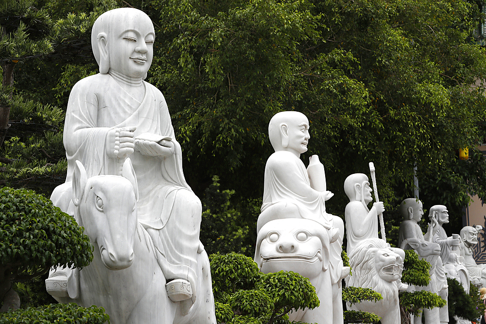 Stone Arhat statues, each statue the embodiment of different emotions, joy, anger, love, and hate, Linh Ung Buddhist Pagoda, Danang, Vietnam, Indochina, Southeast Asia, Asia