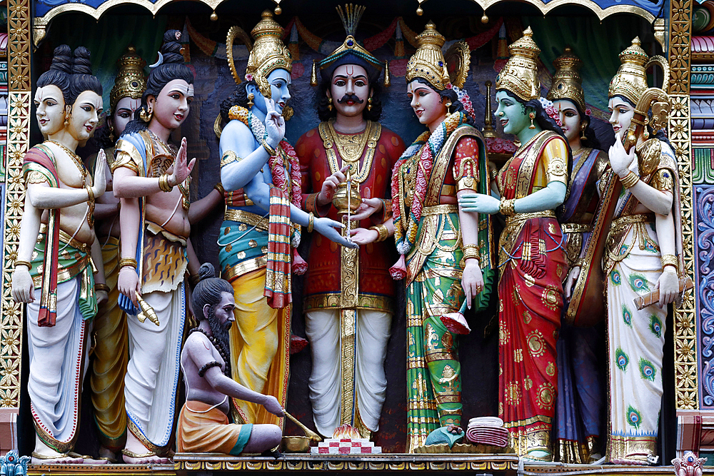 Sri Krishnan Hindu temple, Hindu deities on the Gopuram, Singapore, Southeast Asia, Asia