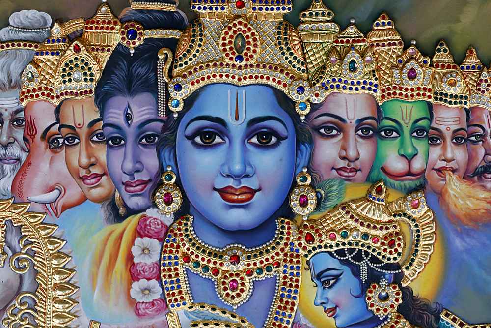 Sri Krishnan Hindu temple, blue-skinned Krishna, the Hindu deity of love and compassion, Singapore, Southeast Asia, Asia