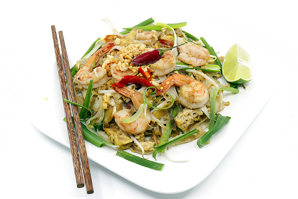 The classic Thai dish Pad Thai, consisting of fried noodles with shrimps, bean sprouts, fried tofu, crushed peanuts and spring onion, France, Europe