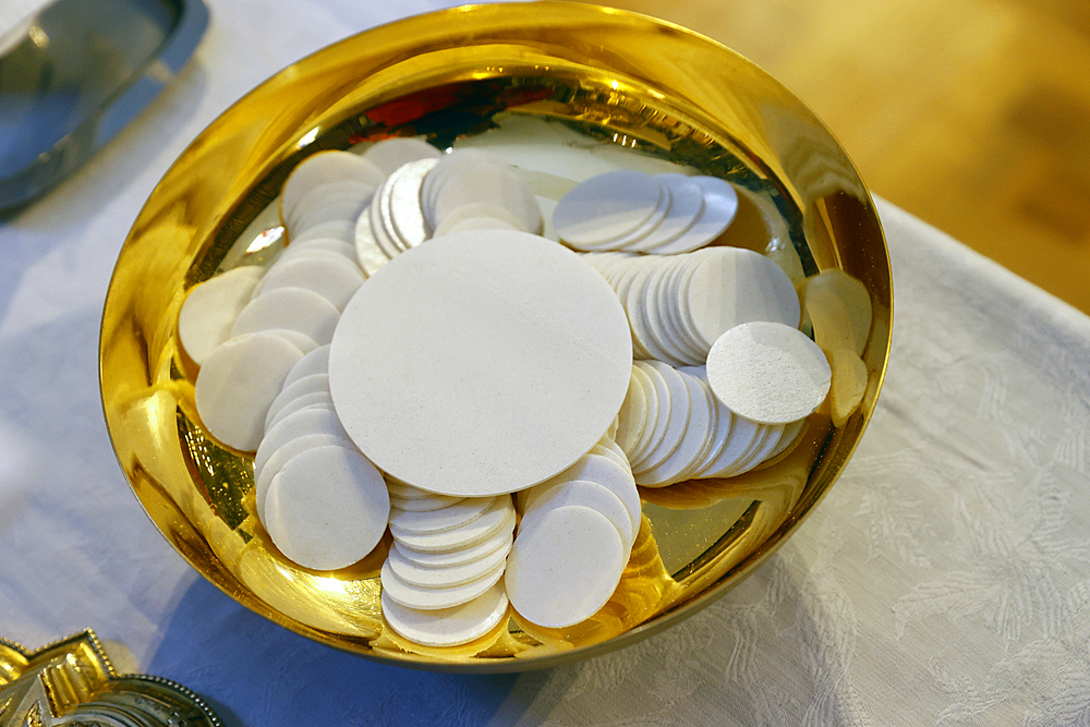 Eucharist table, Catholic Mass, Saint-Gervais baroque church, Saint-Gervais, Haute-Savoie, France, Europe