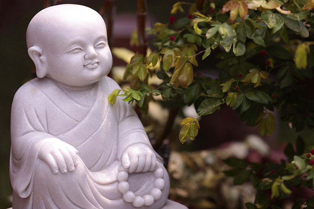 Marble statue, Young Buddhist monk in garden, Linh Chieu Zen Monastery, Vung Tau, Vietnam, Indochina, Southeast Asia, Asia