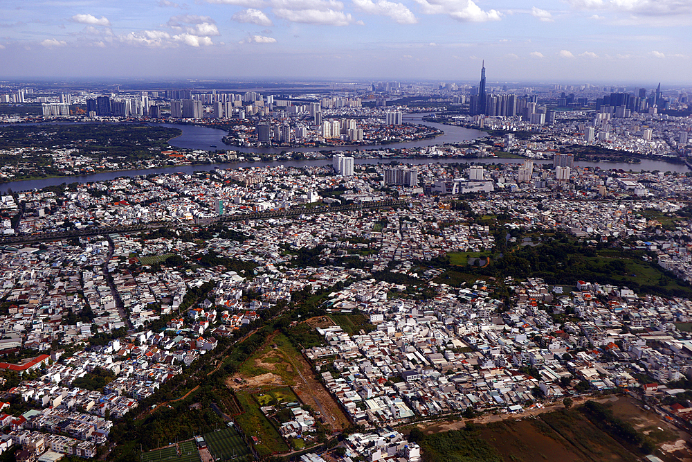 Aerial view of Ho Chi Minh City and the Saigon River, Ho Chi Minh City, Vietnam, Indochina, Southeast Asia, Asia.