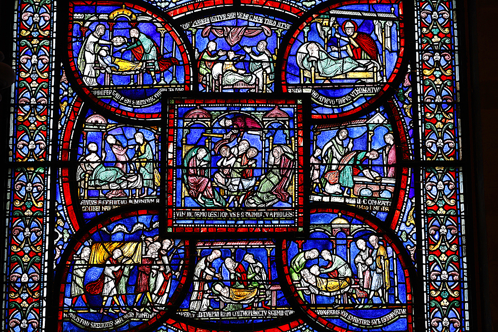 Stained glass detail of the Plague in the House of Jordan Fitz-Eisulf, Becket miracle window, Trinity Chapel ambulatory, Canterbury Cathedral, UNESCO World Heritage Site, Canterbury, Kent, England, United Kingdom, Europe