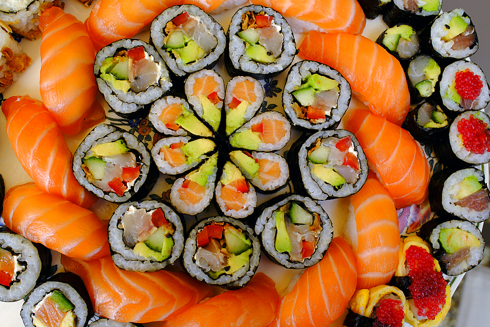 Different Japanese rolls and sushi on a plate, Japanese food, France, Europe