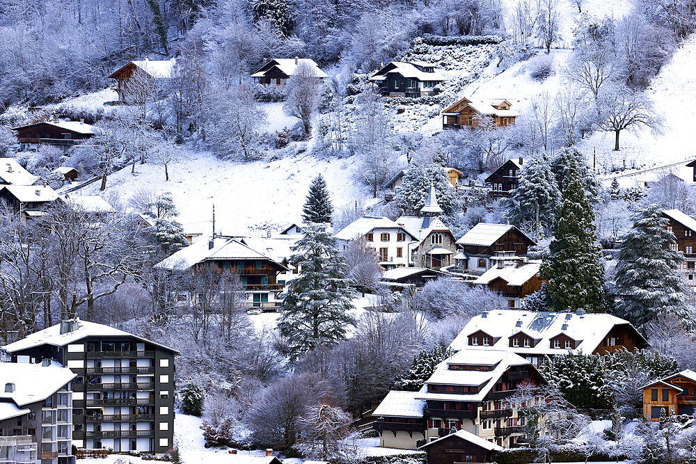 French Alps in winter, famous ski station, Saint Gervais Mont-Blanc village, Saint Gervais, Haute Savoie, France, Europe