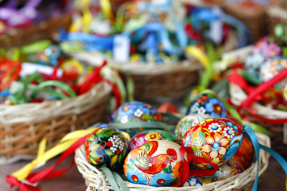 Colorful and painted easter eggs in traditional Easter market. Easter celebration is the most ancient and Christian holiday. Vienna. Austria.