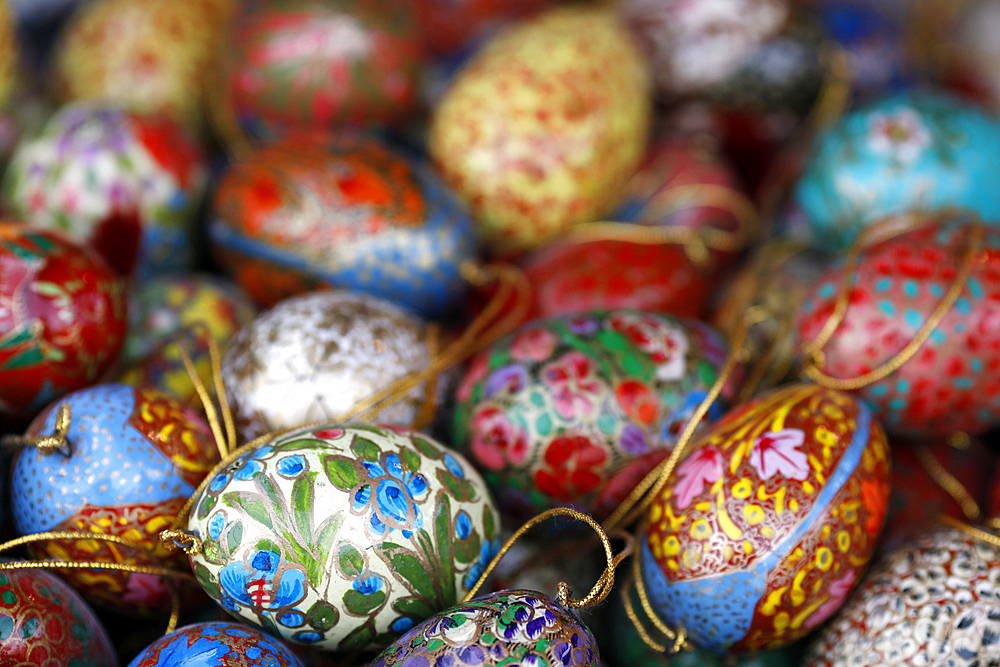 Colorful and painted easter eggs in traditional Easter market. Easter celebration is the most ancient and Christian holiday. Vienna. Austria.