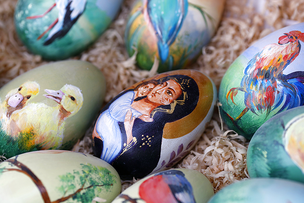 Colorful and painted easter eggs in traditional Easter market. Easter celebration is the most ancient and Christian holiday. Vienna. Austria.