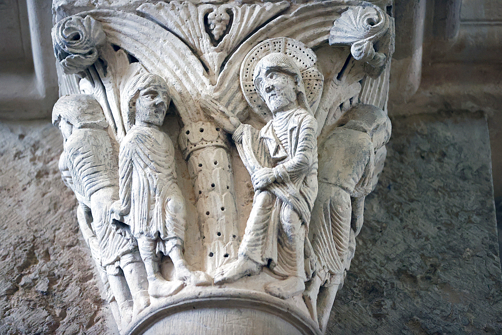 Benedictine abbey of Vezelay. Decorated capitals. 12 th century. St John the baptist. Vezelay. France.