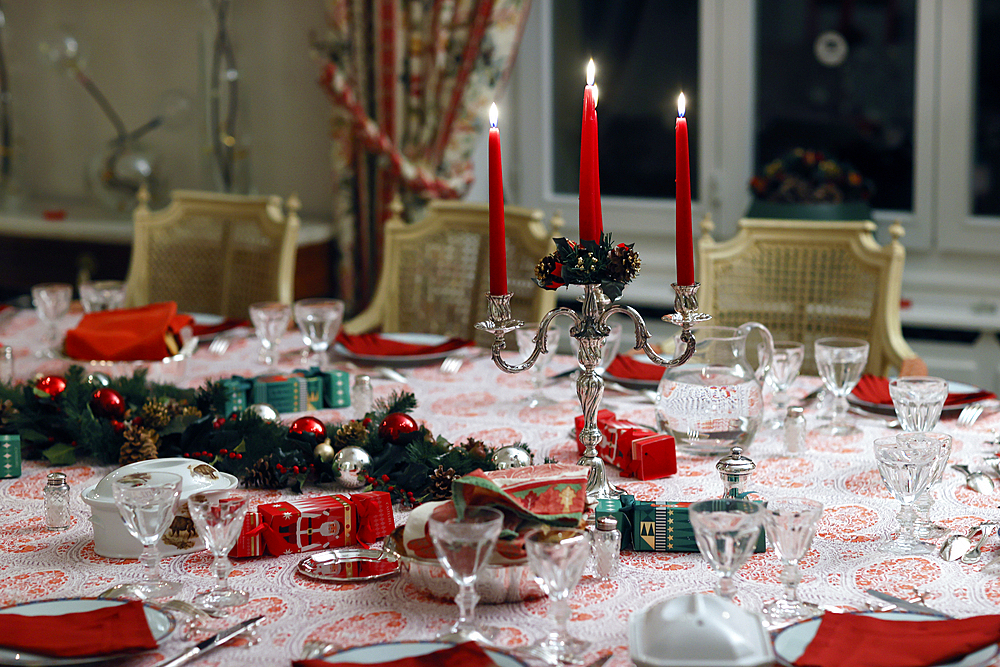 Table set for celebration Christmas dinner in living room, France